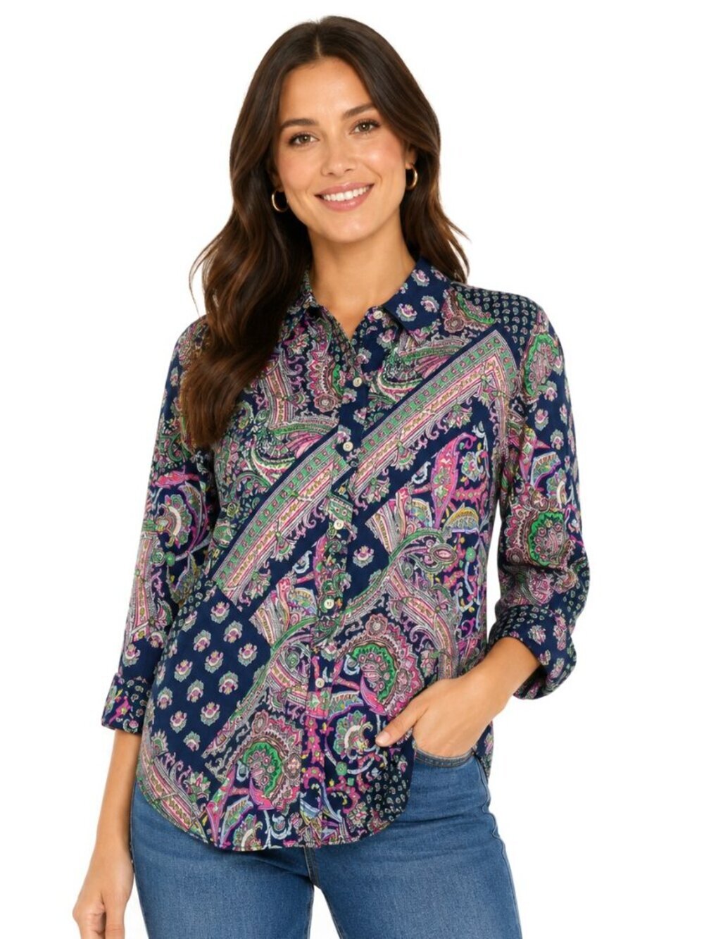 Lauren Ralph Lauren Petite Navy Paisley Cotton Shirt